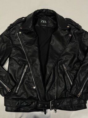 Zara Faux Leather Oversized Biker Jacket Black XS